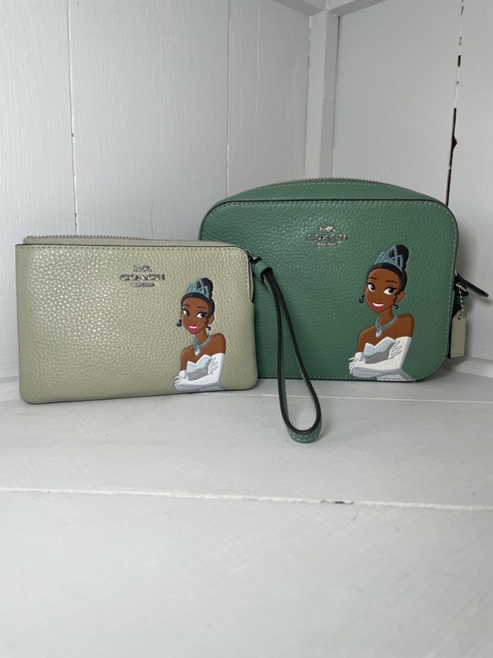 Coach Green Crossbody and Cream Wristlet with Tiana Graphic
